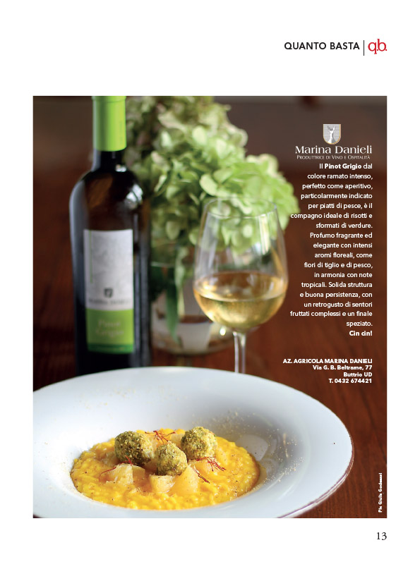 Risotto Scacciapensieri dello chef Nicola Bertossi abbinato al Pinot grigio Marina Danieli. Foto di Giulia Godeassi
